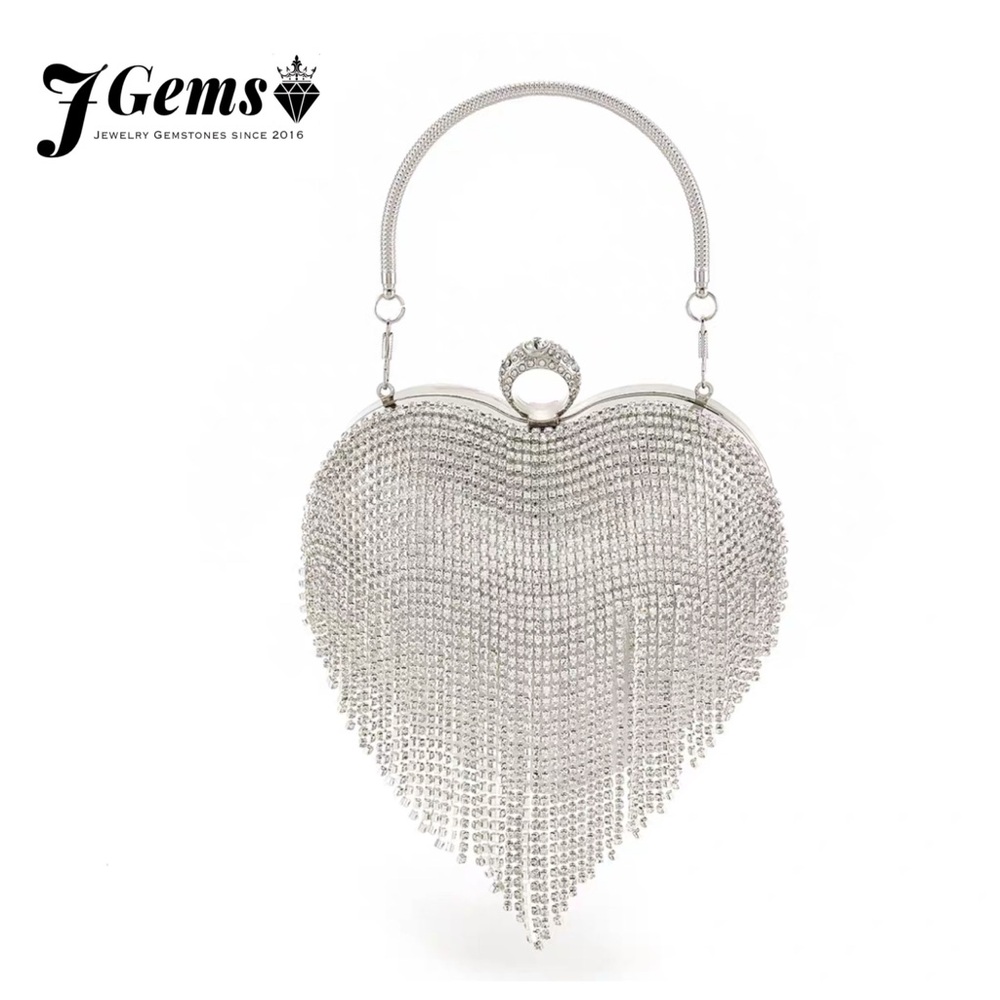 Luxury Crystal Fringe Evening Clutch – Silver Heart Silhouette